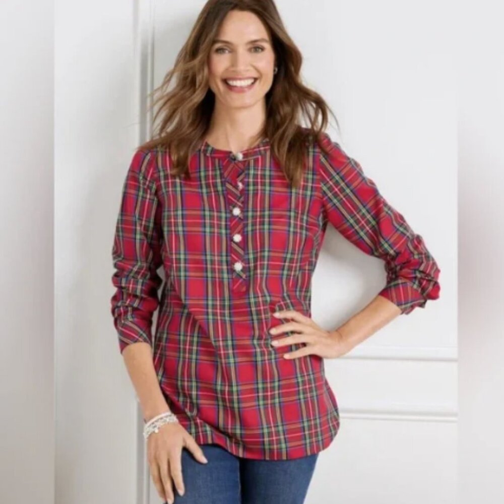 Talbots Red Plaid Popover Tunic Top size PXL Rhinestone Buttons Preppy Holiday